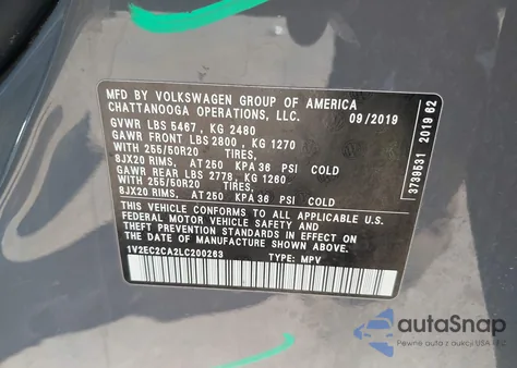 2020 Volkswagen Atlas Cross Sport 2.0T Sel/2.0T Sel R-Line из США, поврежденный, VIN 1V2EC2CA2LC200263